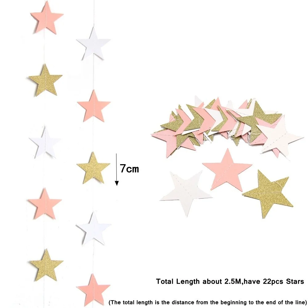 

1 шт. 2,5 м, бумажные гирлянды с розовыми, белыми и золотыми звездами, «сделай сам», флажки со звездами, баннеры, гирлянда для свадебной вечеринки, украшения для дня рождения