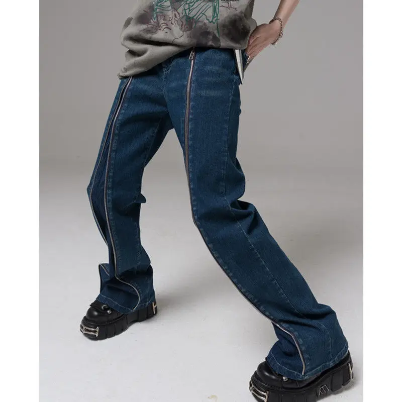 Vintage Jeans Men Stripe Zipper Horn High Street Vibe Retro Hiphop Men Jeans Trousers Hip Hop Wash Elastic Patchwork Jeans Women