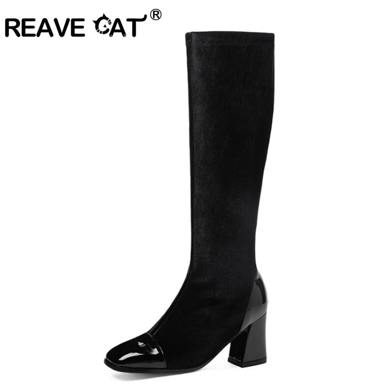 

Женские мотоциклетные сапоги до колена REAVE CAT, однотонные черные Клубные вечерние повседневные сапоги из искусственной кожи на квадратном к...