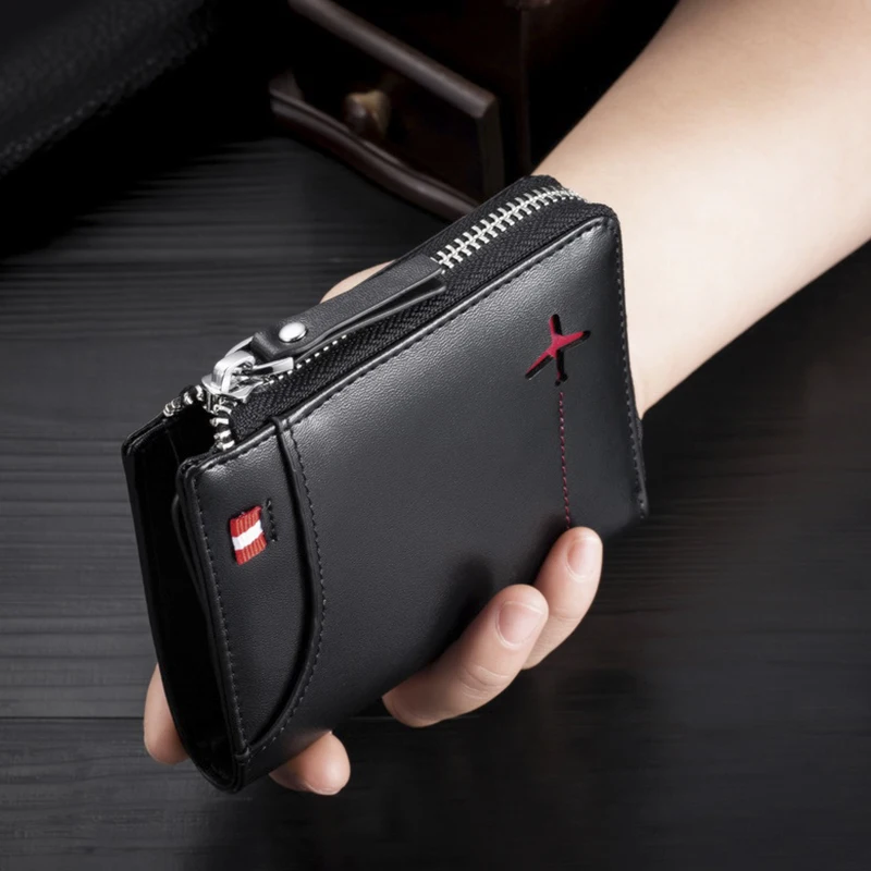 

Мужской кошелек из натуральной кожи с рчид, кредитный держатель для карт, мужской бумажник на молнии с кармашком для мелочи и кредитницы, ко...