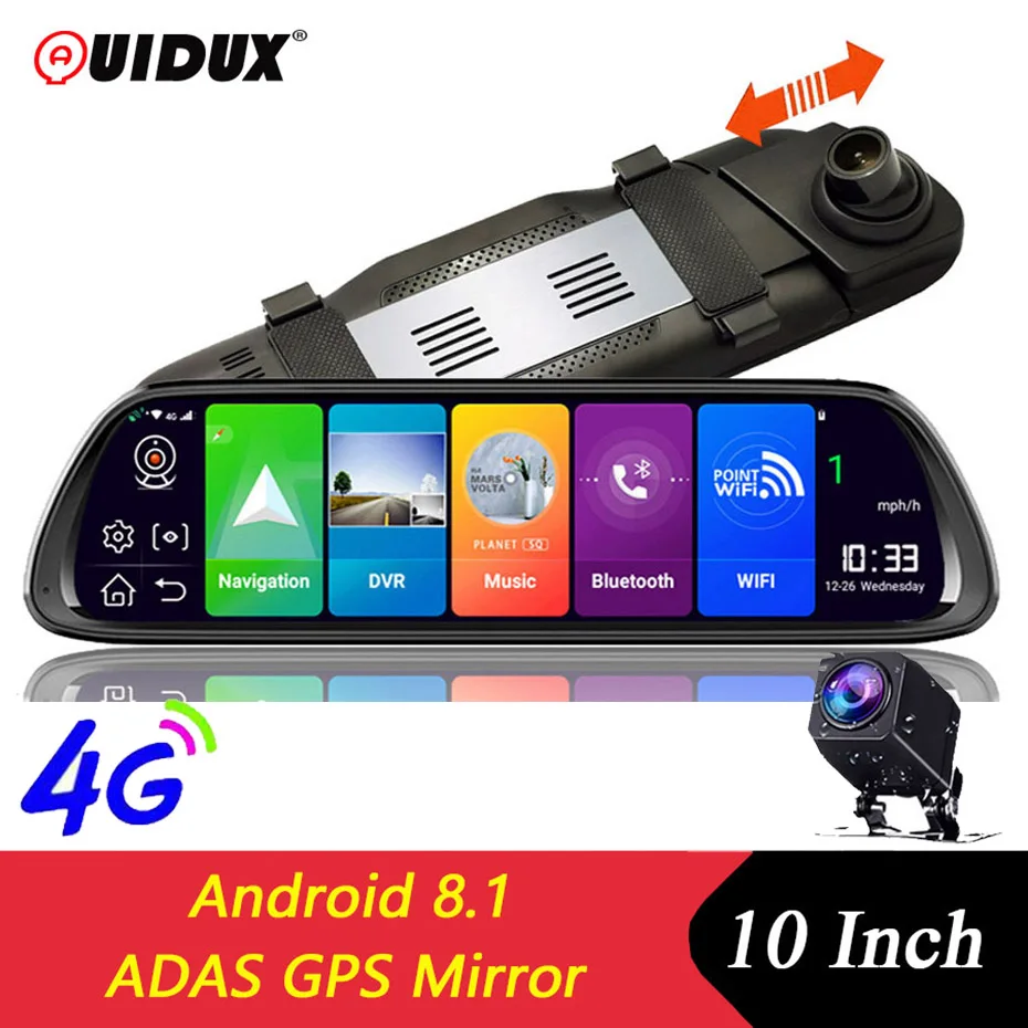QUIDUX 1" камера заднего вида 4G ADAS Android 8,1 зеркало Автомобильный видеорегистратор gps навигация FHD 1080P видеорегистратор WiFi Bluetooth
