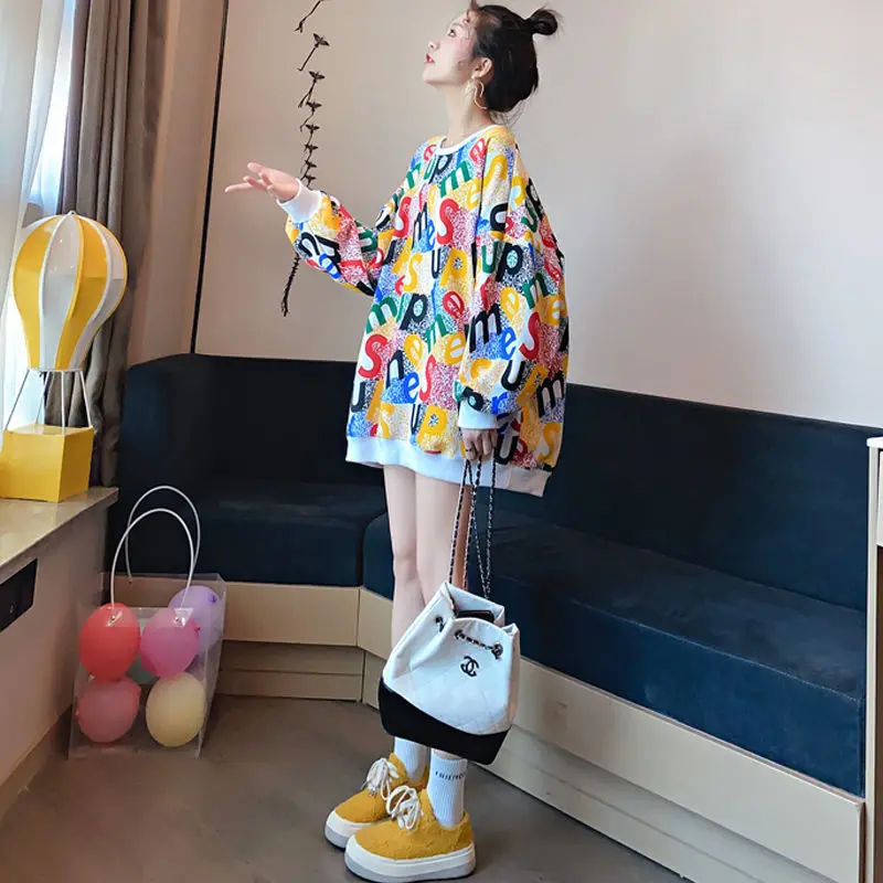 

ins super fire ece sweatshirt female ins tide 2021 spring and autumn new loose Korean version of lazy wind printed letters wild