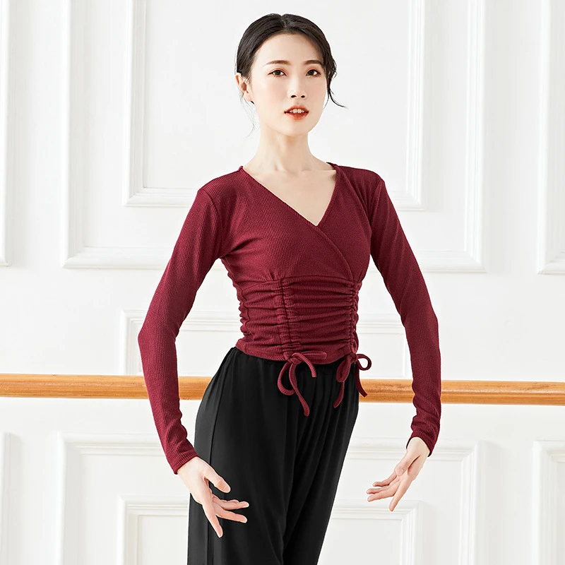 

Autumn Winter V Neck Adult Ballet Wrap knitting High Waist Blouse Girls Ladies Long-sleeve Dance Tops Women