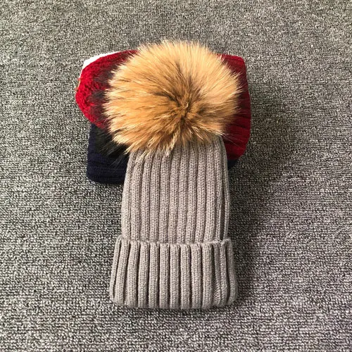 

Winter autumn Girls Boys Fur Pom Pom Beanies Hats Cotton Beanies Cap For Baby Lovely Knitted Hats With Fur PomPom Hats Kids