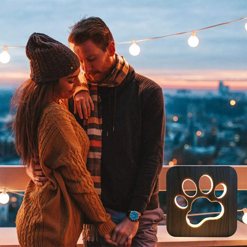 

Creative Wooden Dog Paw LED Night Light USB Power Wooden Love Couples Pet Shaped Lights Kids Bedroom Decor For Christmas Gifts
