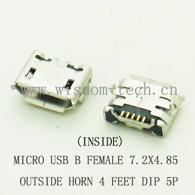 

Free shipping 1000pcs/lot Btype Micro USB female socket connector 2.0 7.2x4.85 outside horn 4feet DIP 5P