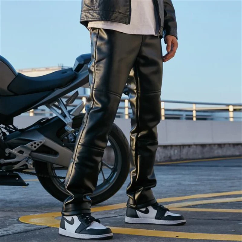 Outdoor cycling motorcycle leather pants men's clothes plus velvet padded knee pad windproof warm winter autumn black pantalon