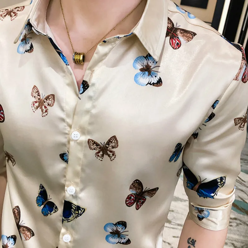 

Quality Men High Shirt Casual Slim Streetwear Mens Boes Print Formal Business Dress Shirts Tuxedo Top Clothing Chemise Homme