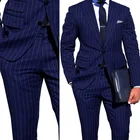 Темно-синий полосатый мужской костюм на заказ, мужской деловой костюм с карманом для билета, однобортный пиджак с отворотом