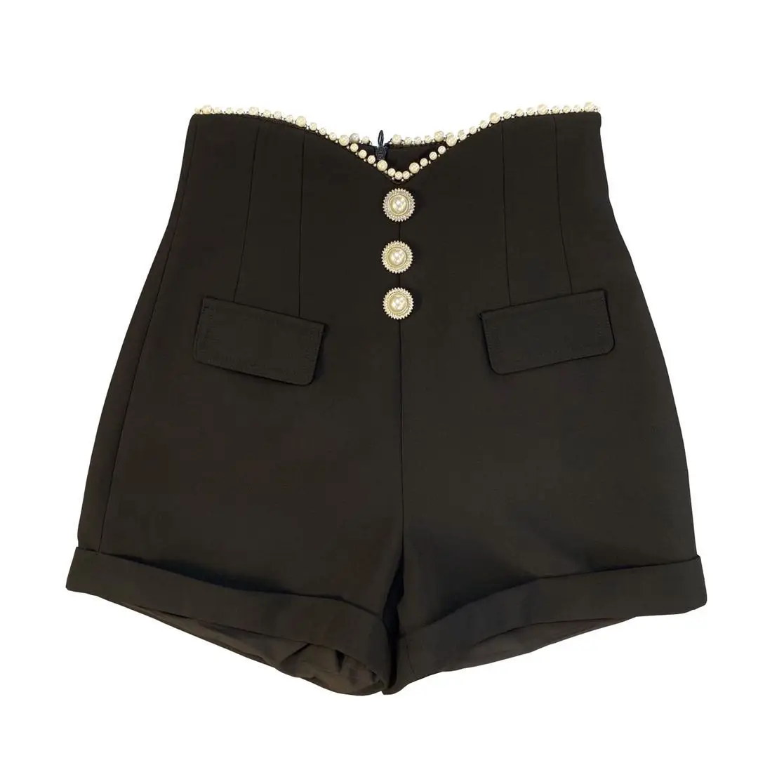 

Fashion Spring Autumn Casual Black White Beaded High Waist Shorts Women Elegant Office Ladies Cotton Short Pants Female Bottoms