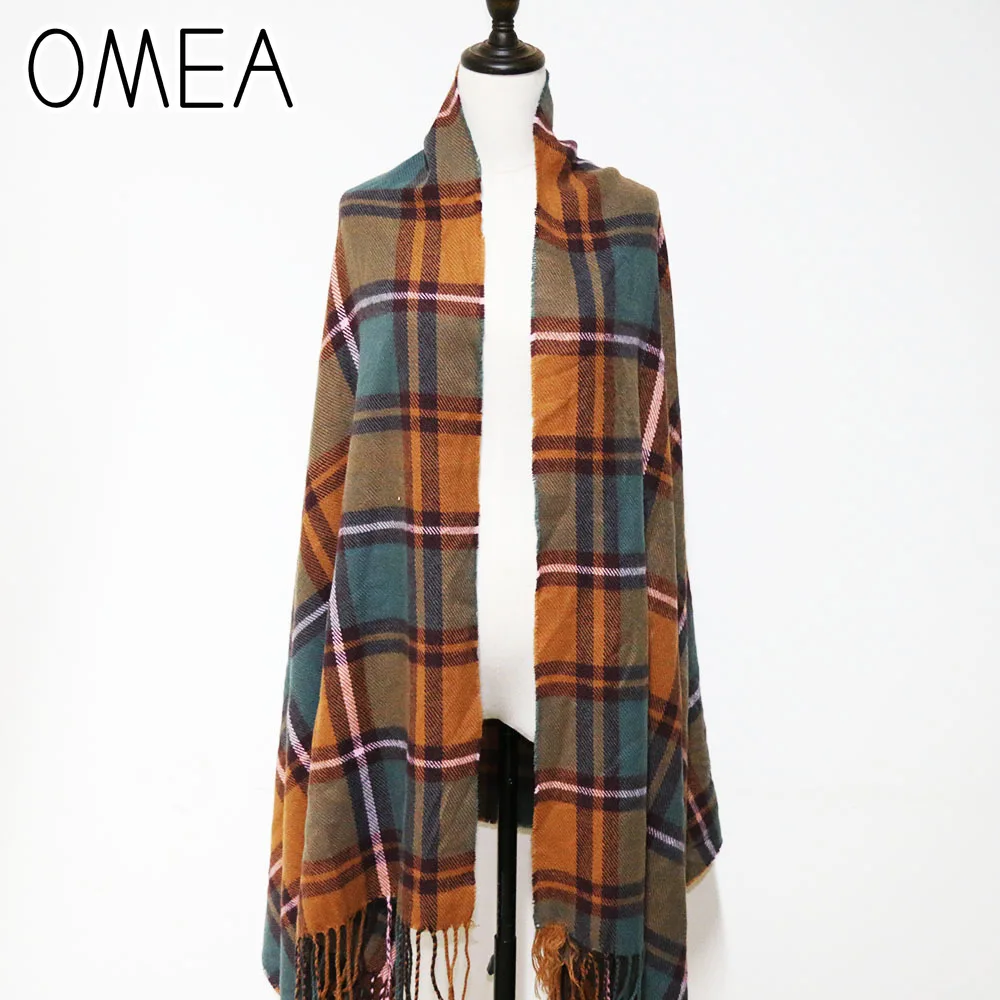 OMEA Plaid Scarf Blanket Women Winter Accessories Poncho Shawl Thickened Wool Cashmere Long Luxury Pashmina | Аксессуары для