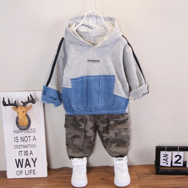 

New Fashion Spring Autumn Baby Boys Clothing Sets Kids Infant Patchwork Pocket Hoodies+Camouflage Pants Toddler Tracksuit Set