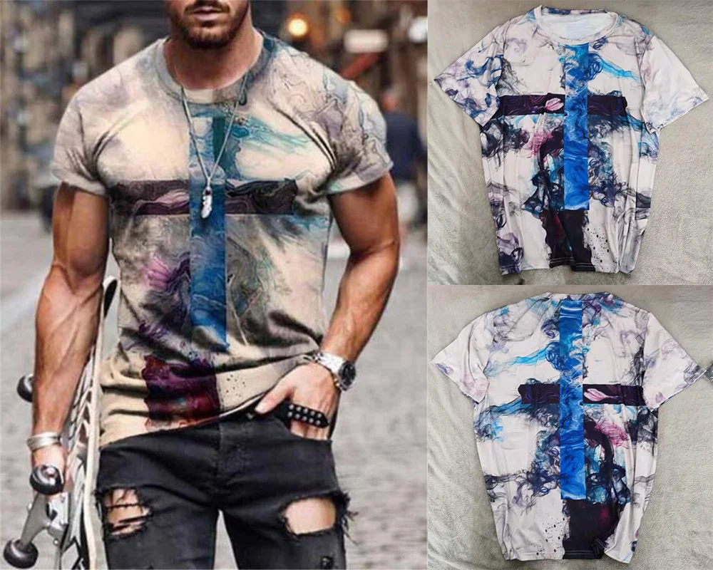 

Men Print Color Cross Pattern 3dt Shirt Clothing Oversize T Shirt Shirt Summer Casual Sports Trend Hip-Hop Short Sleeves