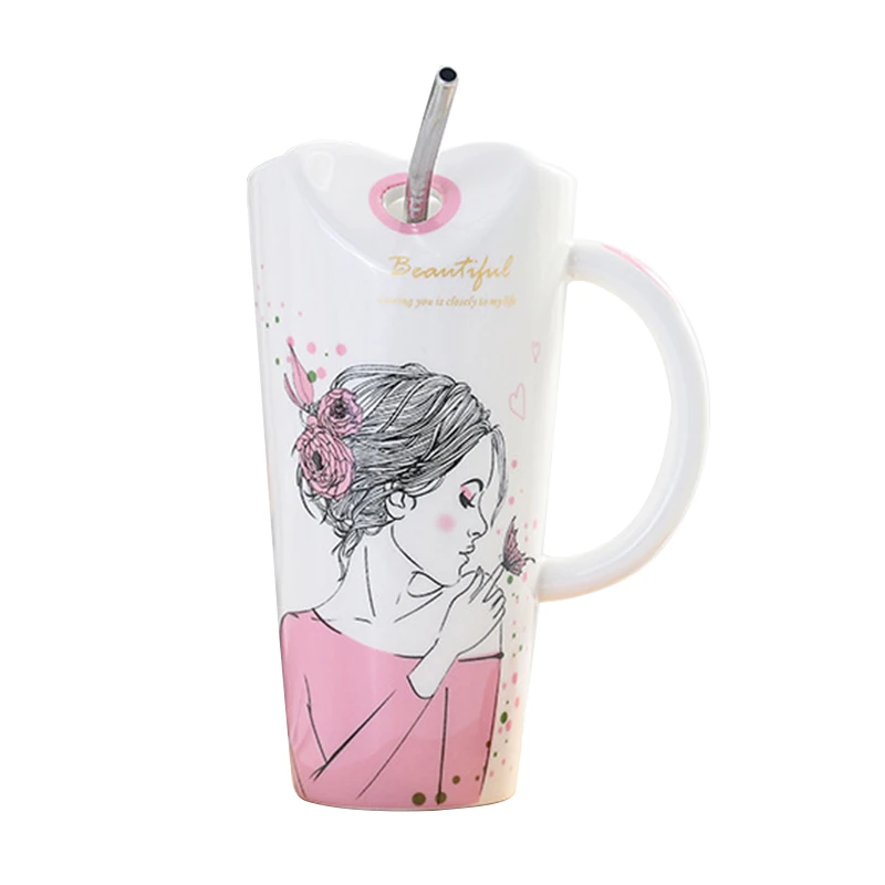 Ceramic Mug beautiful girl cup with straw microwave milk Office Christmas Decorations 2020 New | Дом и сад