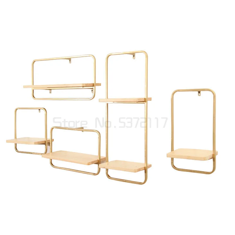 

Wall Shelf Golden Wrought Iron Bookshelf Wall Decoration Background Display Wall Hanging Storage Rack Potted Plant Display Stand