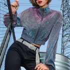 Куртка женская укороченная с длинным рукавом, готический блестящий пиджак синего цвета в стиле Харадзюку, уличная одежда в Корейском стиле, весна-осень