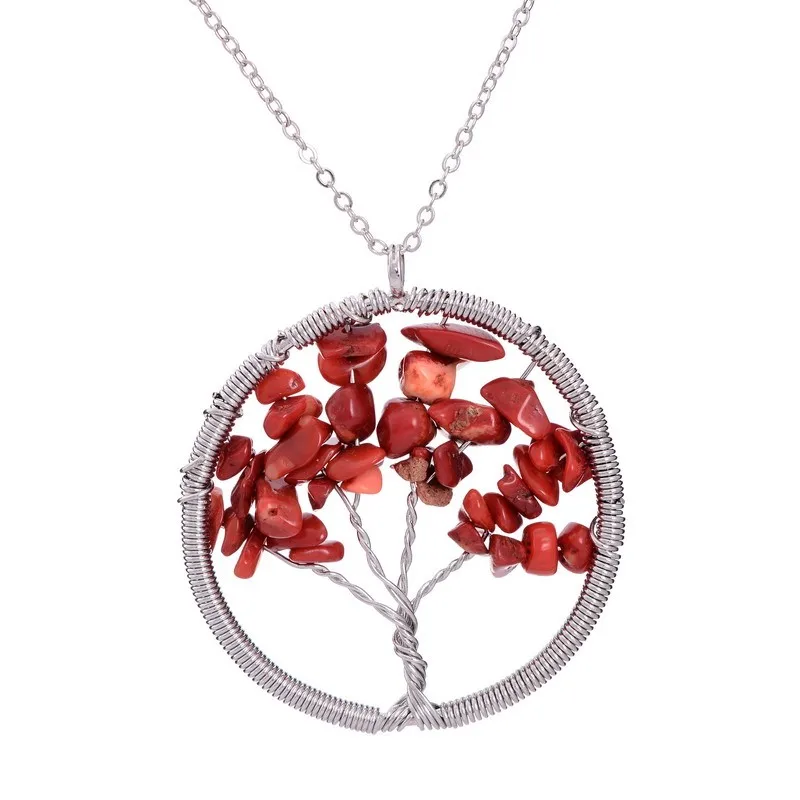 Red agate Qilmily 7 Чакра Древо жизни хрустальные ожерелья с подвеской из натурального камня для женщин и мужчин Бусы кварцевые Ювелирные изделия Подарки сувениры свадебные - Окраска металла: Red agate