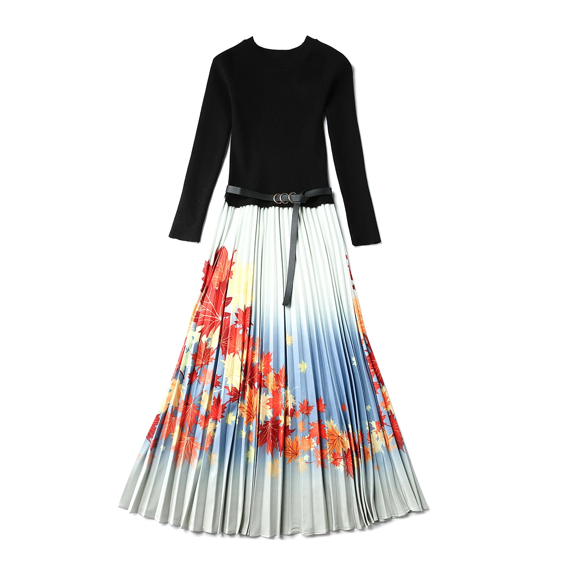 

Elegant Knitted Patchwork Pleated Midi Dress 2021 Fall Winter Fashion Women Long Sleeve Floral Printing Sweater Dress