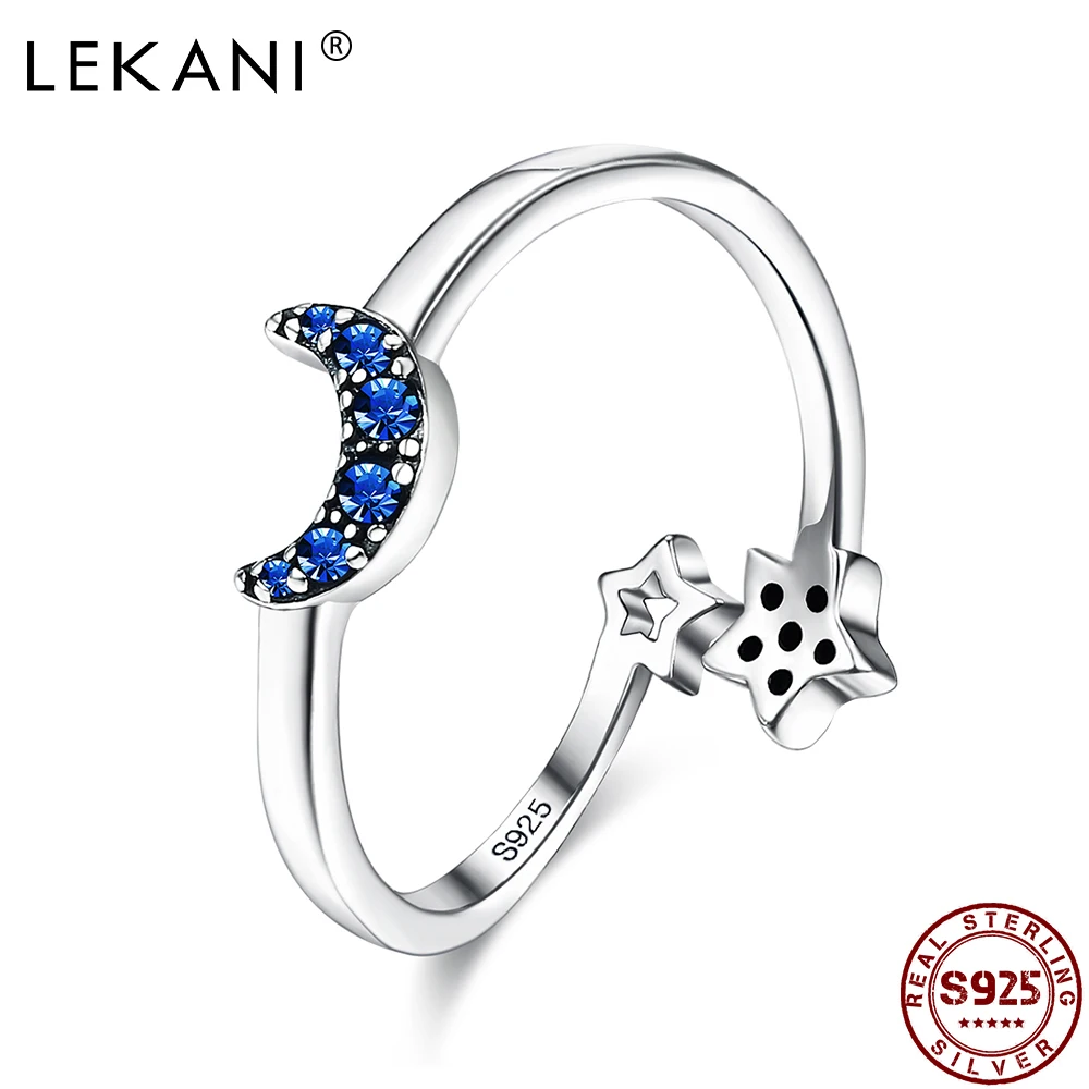 

LEKANI Real 925 Sterling Silver Jewelry Sparkling Blue Moon Star Open Adjustable Finger Rings For Women Wedding Engagement Ring