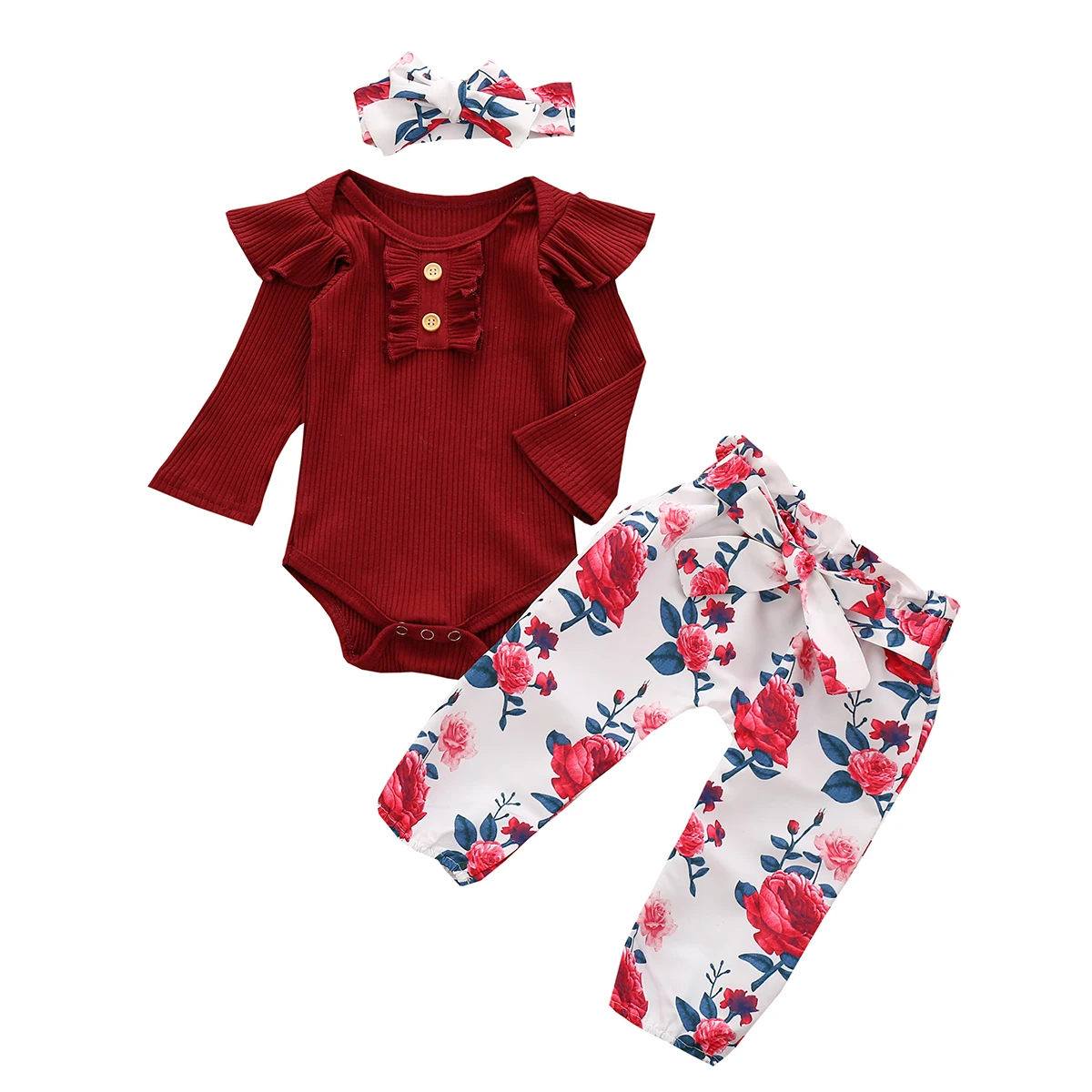 Conjunto de 3 piezas para ni&ntilde;as reci&eacute;n nacidas, Pelele de manga larga, pantalones con estampado Floral y Diadema, 0 a 24 meses, Primavera, 2021-3