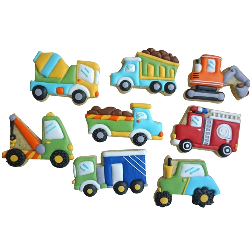 

8Pcs Cookie Cutter Vehicle Truck Shape Fondant Molds Mixer Crane Car Fire Engine Fondant Biscuit Moulds DIY Cake Decorating Tool