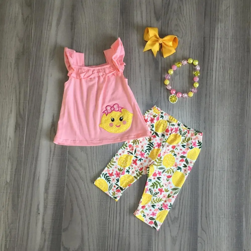 Летняя одежда для маленьких девочек топ кораллового цвета с лимонами штаны