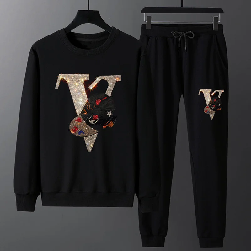 

Мужская одежда больших размеров 2021, спортивные костюмы Стразы с надписью, полностью тонкие спортивные костюмы с рукавами в рубчик, хлопковы...