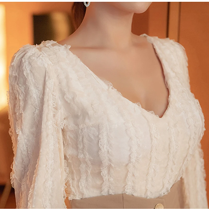 

Women High Street Fashion 2 Piece Set 2020 Winter New Korean Style Slim V-Neck Lace Top + Solid Color High Waist Bodycon Skirt