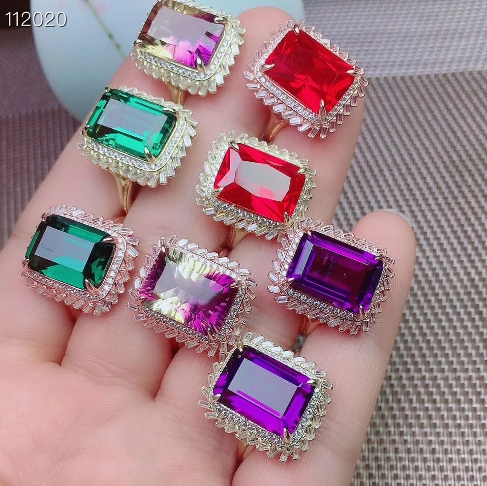 

KJJEAXCMY Fine Jewelry 925 Sterling Silver Amethyst Amethyst Green Crystal Red Corundum Ring Set Geometric Square Gold Rose Gold