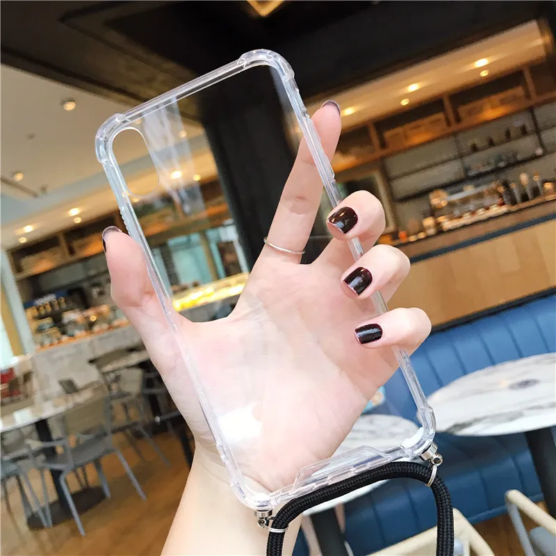 Прозрачный мягкий ТПУ чехол для телефона iPhone 11 pro XS Max с ремешком на плечо троса X XR