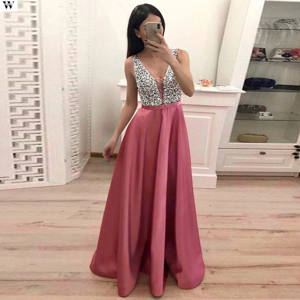 Женское длинное платье с v образным вырезом вечерние платья бусинами и открытой