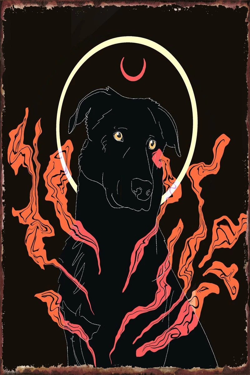 

Оловянная табличка в стиле ретро с изображением Красной Луны и собаки