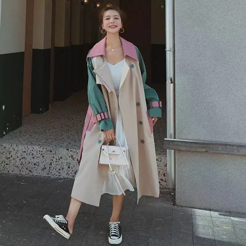 

2021 Vintage Patchwork Windbreaker For Women Lapel Long Sleeve High Waist With Sashes Lace Up Bowknot Coat Female Autumn
