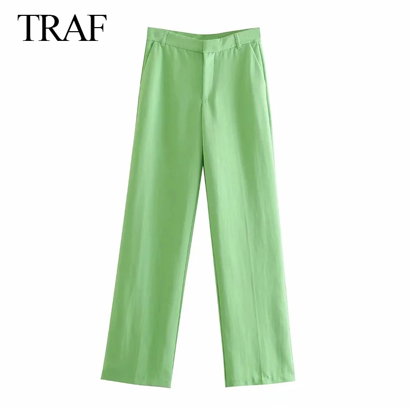 

TRAF ZA Women's Pants Fashion Temperament Women High-waist Pocket Zipper Solid Color Wild Straight Elegant Commute Ladies Pants