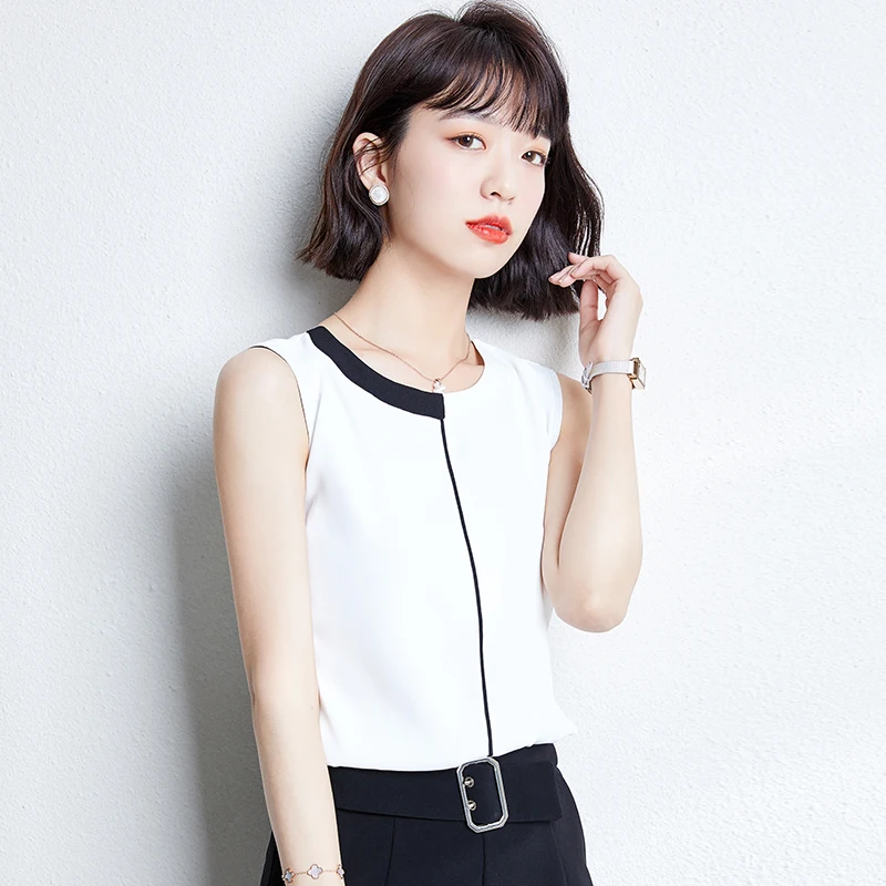 

Korean Fashion Summer Chiffon Women Shirts White Sleeveless Women Blouses Ladies Black White Womens Tops and Blouses