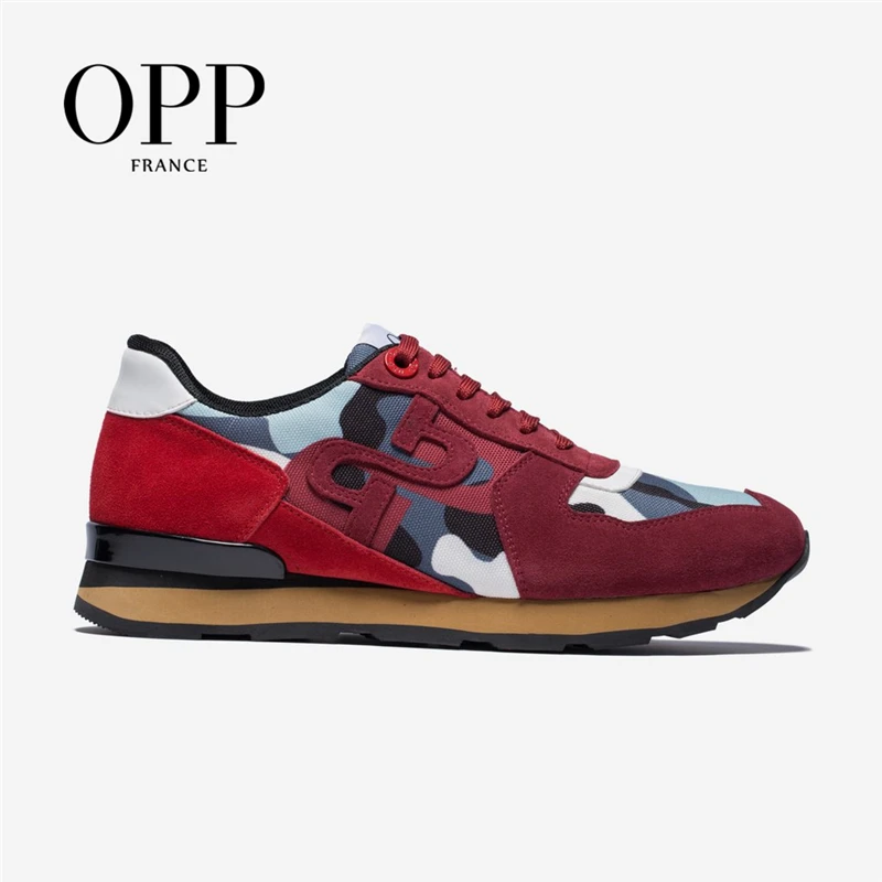 Мужские кроссовки в стиле милитари OPP красные камуфляжные из натуральной кожи на