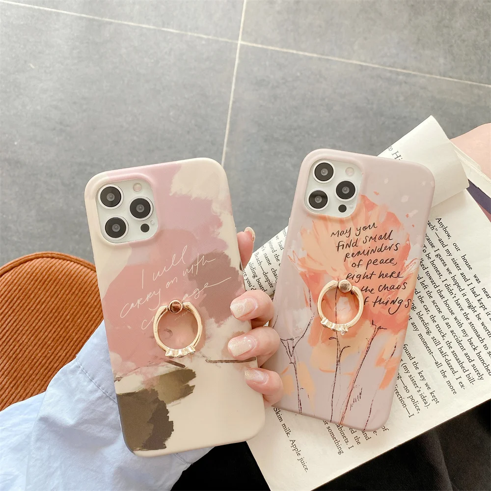 

Ring Holder Protection Cover for iPhone 12 11 Pro Max SE 2020 XS XR Mini 7 8 Plus Phone Case Matte Soft IMD Aquarelle Back Coque