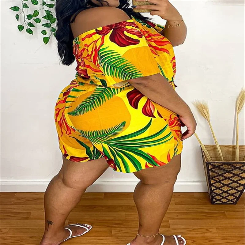 

Plus Sizes Sexy Bodysuit Women Clothing Wholesale Fashion Short Sleeve Slash Neck Sling Printing Casual jumsuit Dropshipping