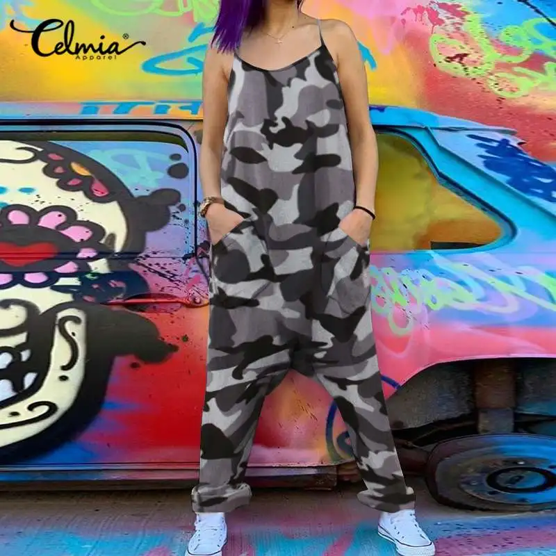 

2021 модные камуфляжные дизайнерские комбинезоны Celmia, повседневные женские брюки-шаровары с лямками и вырезом