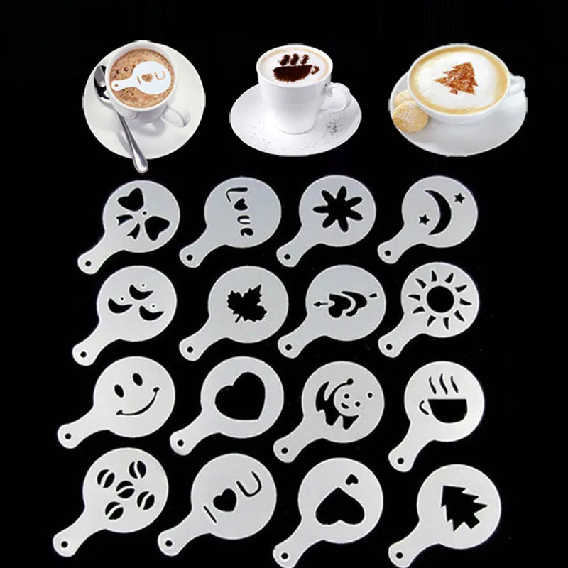 

16pcs/Set Cappuccino Mold Coffee Priniting Mold Foam Spray Cake Stencils Powdered Sugar Chocolate Cocoa Coffee Printing Assembly