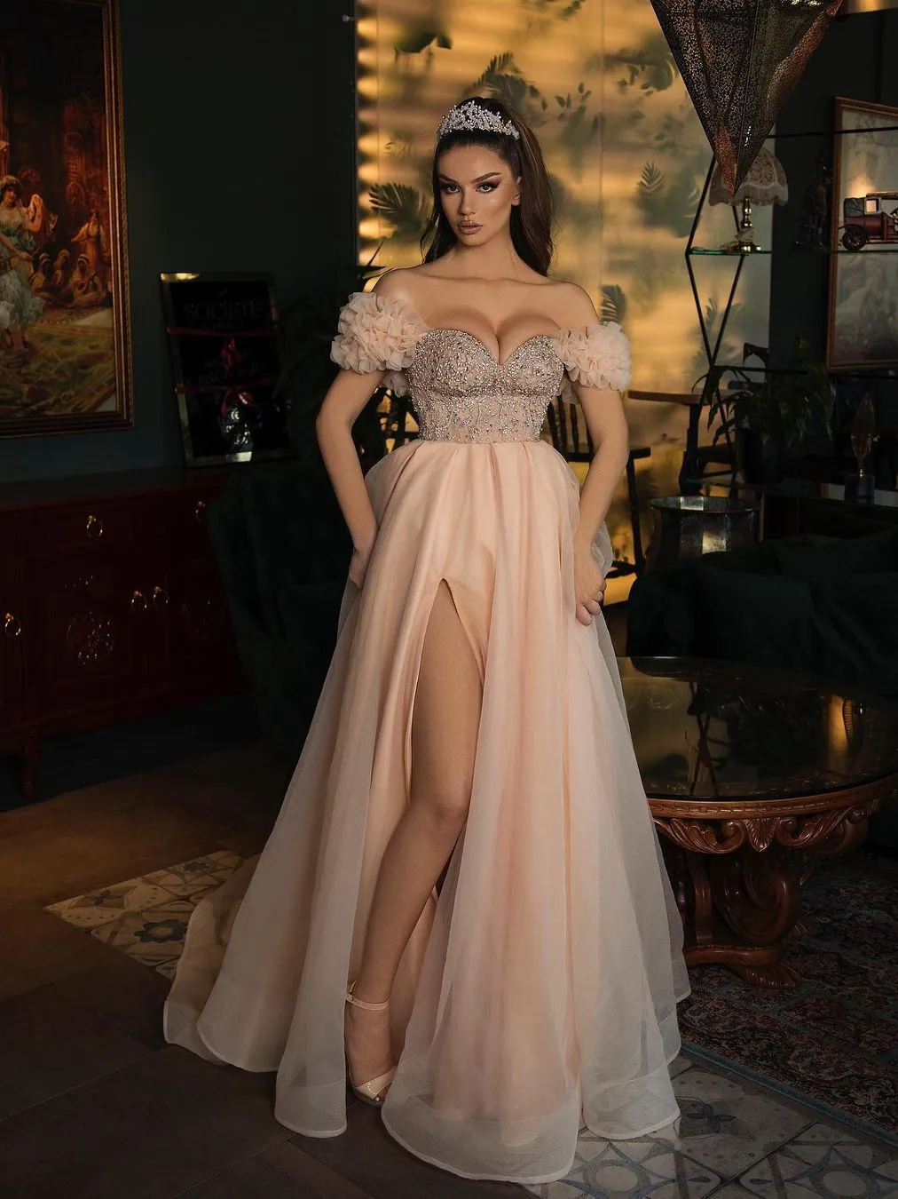 

Elegant Evening Dress Sweetheart Tulle Beaded Sequined Floor Length High Split Women Prom Dress Custom Made Formal Occasion