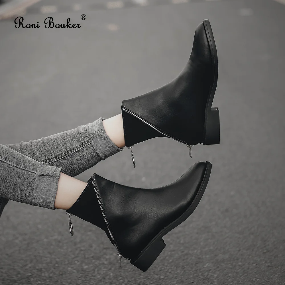 Roni Bouker/женские ботинки с круглым носком черные кожаные ботильоны модная женская