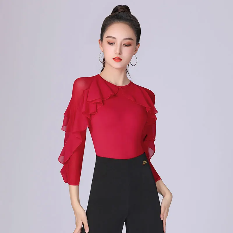 

New Sexy Modern Dance Clothes Ice Silk Mesh Ruffled Half-sleeves Blue Ballroom Dance Costumes High-end Latin Dance Tops