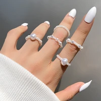 5 pcs set bohemian pearl bead rings for women geometric white plastic beads simple finger ring vintage party jewellery gifts