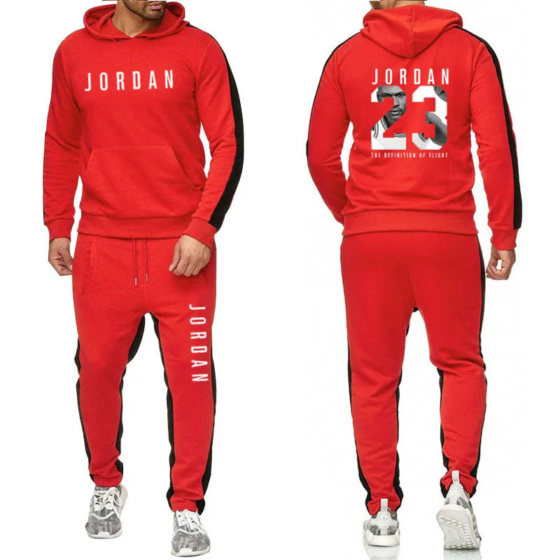 

Spring and winter men's hooded jogging suit pullover + pants 2 warm sportswear men's color matching casual sportswear