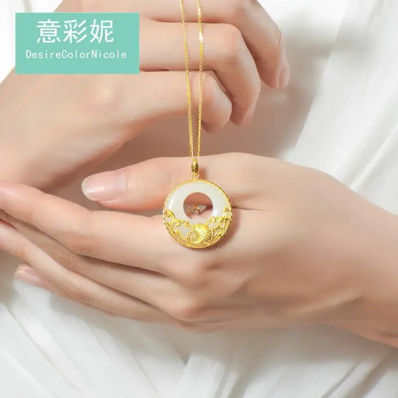 

Silver Embeded Jade Peace Buckle Every Year, There Are More Sterling Silver Koi Pendant Women's Hetian Jade 925 Sterling Silver