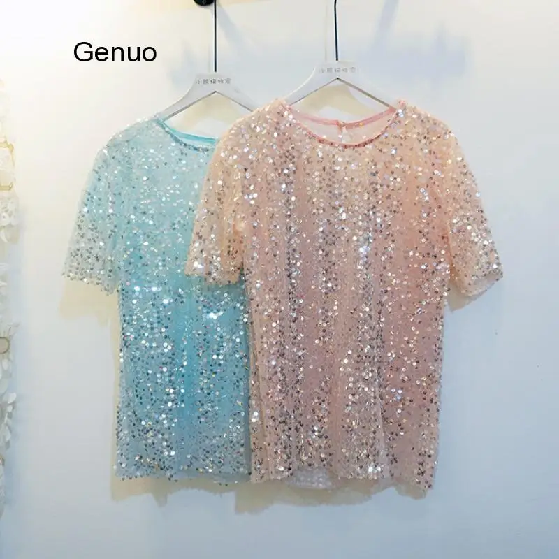 

Women Shiny Short Sleeved Shirt Summer O-neck Sequined Mesh Chiffon Basic Shimmer Party Top Shirt Female
