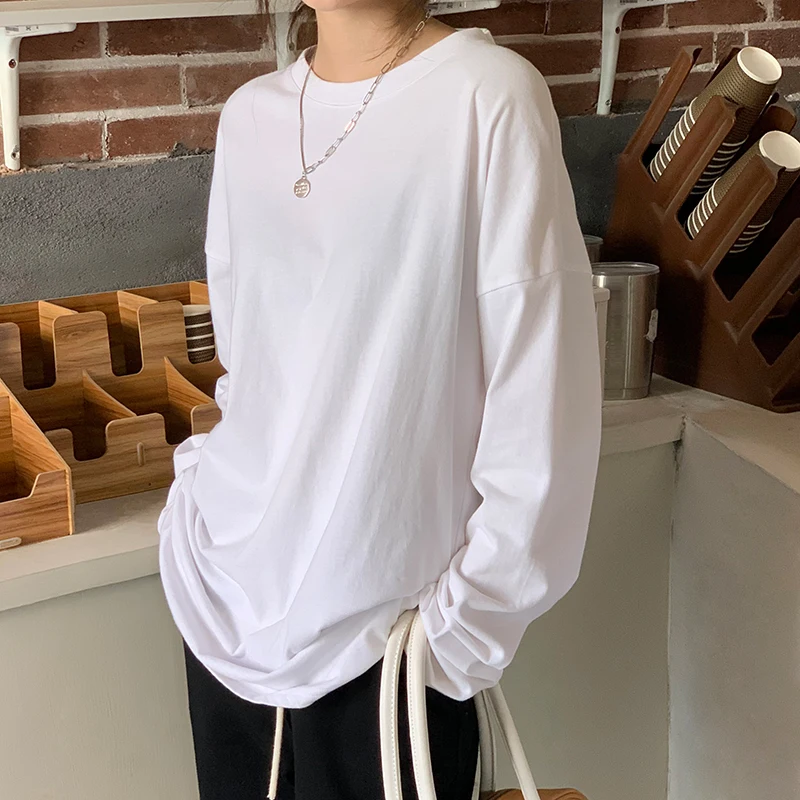 Футболка женская с длинным рукавом свободная рубашка из чистого хлопка белая