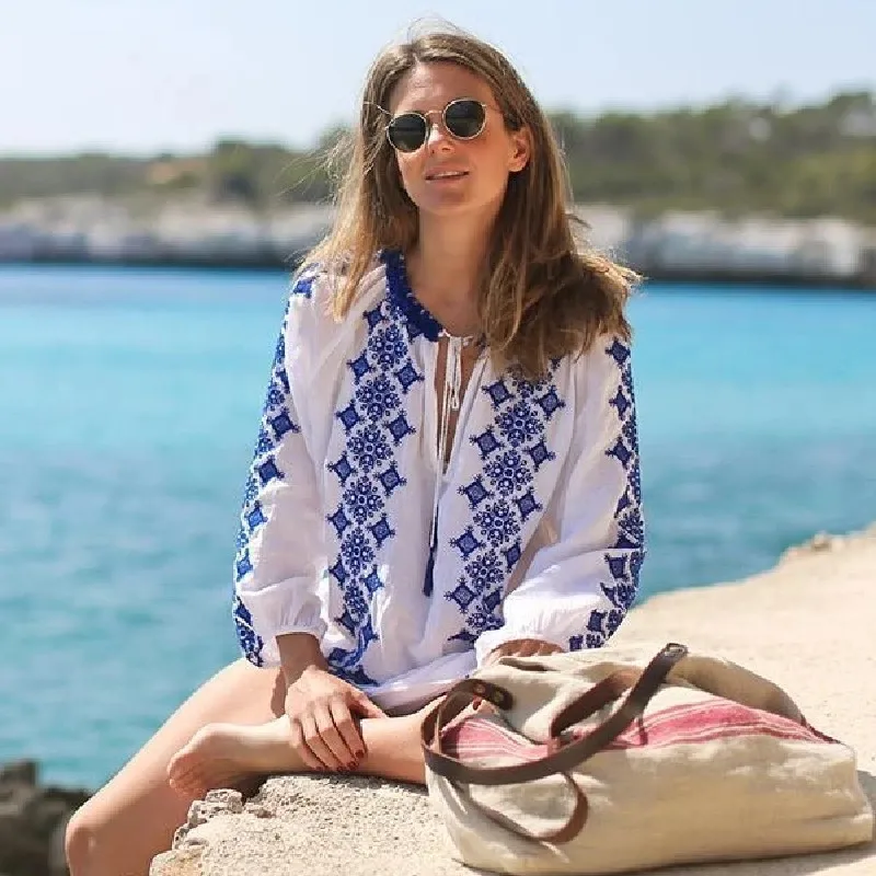 2021 хлопок вышивка Парео Пляжная накидка сексуальный купальник женский кафтан