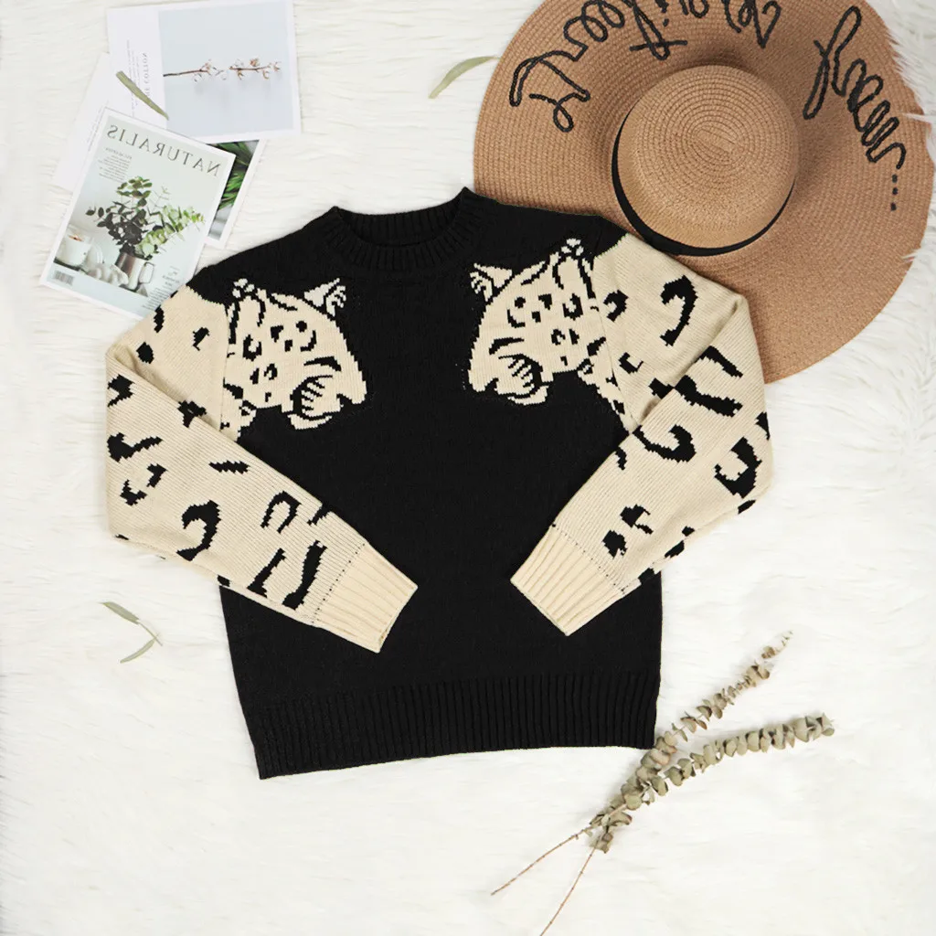 Fashion Women Sweater Animal Print Patchwork O-Neck Long Sleeve Pullover Loose Female Winter Warm Blouse M840# | Женская одежда